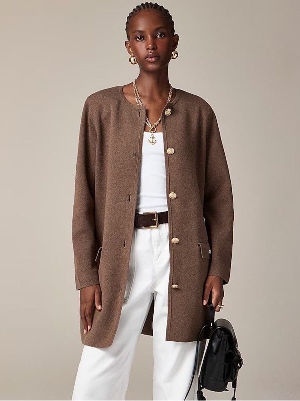 J.Crew Long Cotton Sweater Blazer Coatigan Brown Gold Buttons Size S